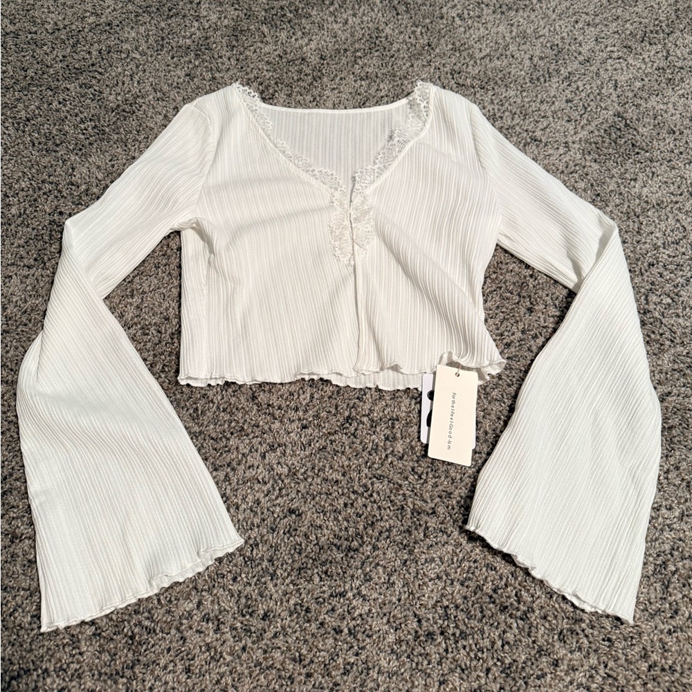 Commense White Ribbed Crop Top with Lace Detail
